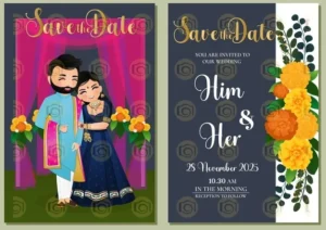 Wedding Card Invite With Cartoons And Floral Designs